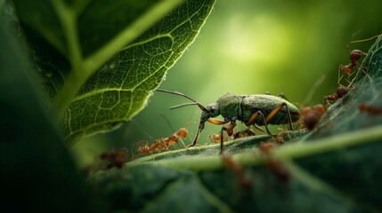 Poster - A macro shot of an insect chewing on a leaf, with ants crawling around it in a dynamic, busy scene in a lush green environment