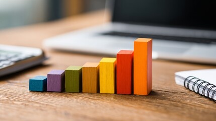 Poster - A minimalistic business bar graph with solid-colored bars arranged in ascending order, displayed on a wooden desk with a laptop and notepad in the background.