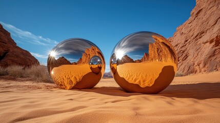 Poster - Two stunning reflective spheres nestled in a vibrant desert landscape, capturing the rich colors and textures of the surrounding rocks and sand, creating an artistic focal point.