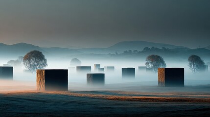 Aufkleber - Geometric monoliths stand in the fog at dawn on a field in the early morning with trees and hills in the background