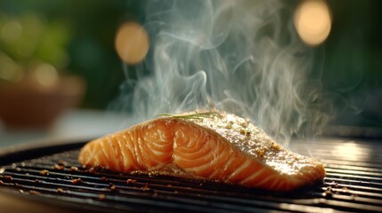 Poster - A minimalist shot of a single salmon steak sizzling on a grill, with smoke rising and a light sear on the fish, set against a blurred outdoor background.