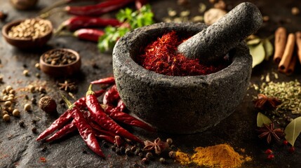 Poster - A mortar and pestle with fresh red chilies being ground into a fine paste, with various spices and herbs scattered on the surface around it