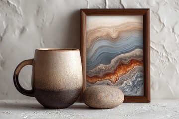 Poster - Coffee cup on table with light brown art and decorative rock displayed in natural light