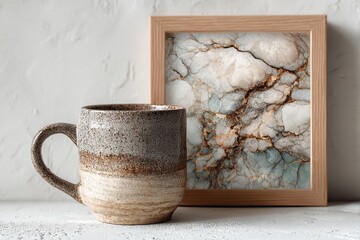 Poster - Coffee cup on table with light brown art and decorative rock displayed in natural light