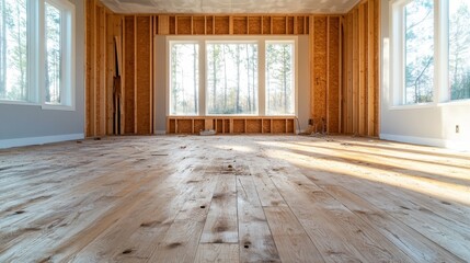 Poster - A spacious, empty room under renovation, bathed in natural light, presenting a canvas of potential for future creativity and design in home improvement projects.
