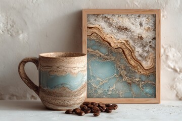 Poster - Coffee cup on table with light brown art and decorative rock displayed in natural light
