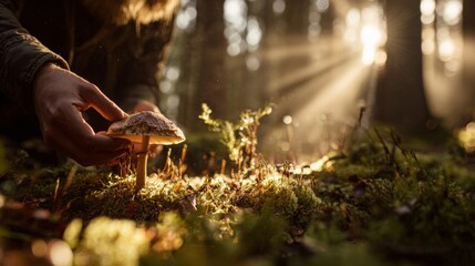 Poster - A person gently picking a wild mushroom from the forest floor, with sunlight streaming through the trees and highlighting the delicate details of the mushroom
