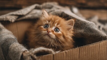 Aufkleber - A playful fat kitten exploring a cardboard box, its curious eyes and fluffy body adding a sense of adventure and fun to the cozy scene.