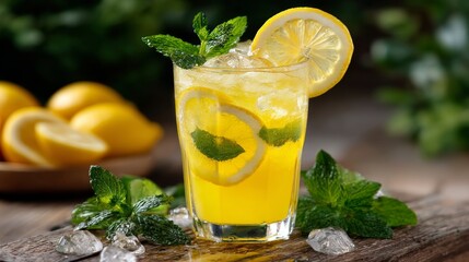 Poster - A refreshing glass of iced lemonade filled with bright yellow liquid and ice cubes, garnished with a lemon slice and mint leaves, sitting on a wooden table.