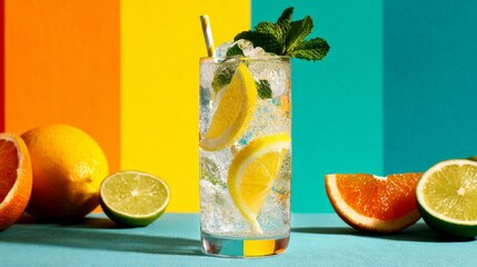 Poster - A refreshing sparkling soda served in a tall glass with a straw, garnished with mint leaves and citrus slices, set against a colorful background