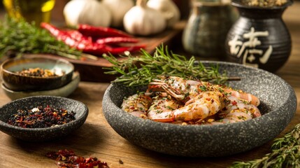 Poster - A rustic cooking setup with large shrimp marinating in spices and herbs, surrounded by fresh ingredients, ready for grilling in a cozy kitchen atmosphere.