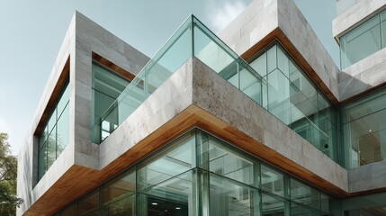 Poster - This image showcases a contemporary building featuring a unique combination of glass and concrete, emphasizing angular lines and modern materials blending seamlessly.