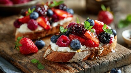 Poster - A rustic wooden table with a slice of toasted bread topped with fresh berries and whipped cream, drizzled with honey, creating a delicious and inviting dessert presentation.