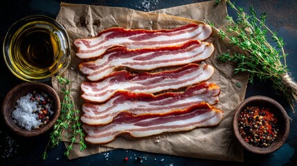 Poster - A scenic view of bacon strips laid out on parchment paper, ready for cooking, with herbs and spices nearby, emphasizing the preparation process and fresh ingredients