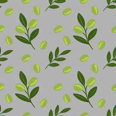 Poster - Seamless vector pattern of stylized olive branches and olives on a grey background, perfect for textile design or wrapping paper.