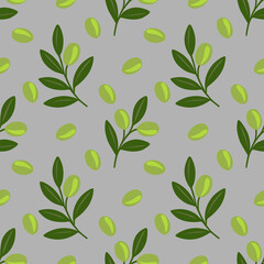 Poster - Seamless vector pattern of stylized olive branches and olives on a grey background, creating a fresh and natural design.