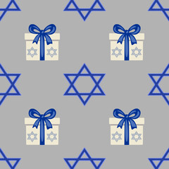 Poster - Seamless vector pattern featuring Hanukkah gift boxes with blue bows and Star of David symbols on a gray background, ideal for festive designs and holiday wrapping.