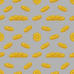 Poster - Seamless vector pattern of golden Hanukkah gelt coins with Star of David, playfully scattered on a grey background, ideal for festive design.