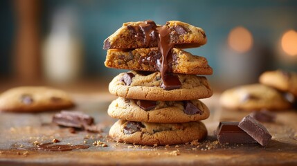 Aufkleber - A stack of chocolate chip cookies with gooey chocolate chunks melting from the inside, placed on a rustic kitchen countertop