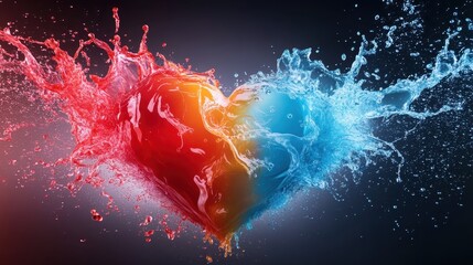 Poster - A striking heart shape created with splashes of vibrant red and blue water, symbolizing the blend of passion and tranquility in a visually stunning composition.