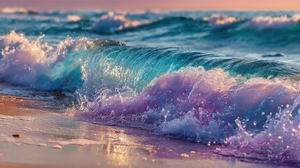Poster - Turquoise waves and pink foam washing onto a sandy beach at dusk creating a dreamy seaside scene in South Florida