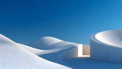 Poster - A minimalist white and blue abstract landscape featuring smooth curved surfaces under a clear sky.