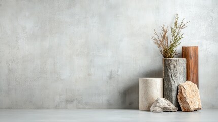 Poster - A minimalist aesthetic featuring various natural stone vases and a delicate dried plant, highlighting simplicity and the beauty of organic materials in interior design.