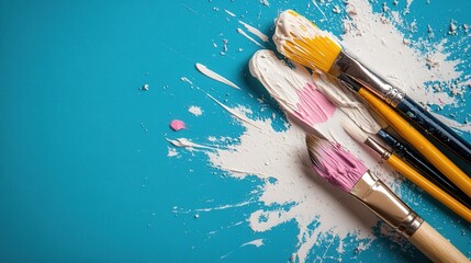 Poster - A vibrant assortment of colorful paints and brushes sprawled on a creative backdrop, signifying artistic expression and the joy of painting, inviting creativity and inspiration.