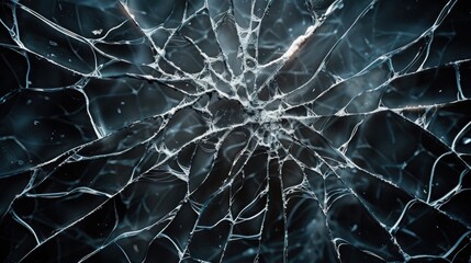 Poster - This close-up image captures a beautifully intricate design of cracked glass, creating a striking contrast against a dark background, evoking feelings of fragility and complexity.
