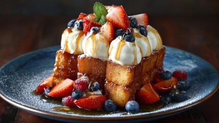 Poster - A top-down view of a plate of honey toast stacked high, generously topped with whipped cream, fresh berries, and a drizzle of honey, set against a dark wooden background.