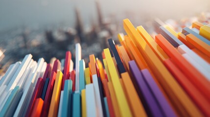 Aufkleber - A top-down view of a vibrant D bar graph with floating bars arranged in a wave pattern, creating a visually dynamic effect against a soft-focus city skyline.