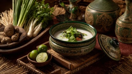 Poster - A traditional Thai setting with a bowl of rice porridge placed on a bamboo mat, accompanied by fresh ingredients like coriander and lime, creating a rustic look.
