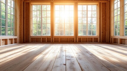 Poster - A spacious, sunlit room framed by expansive windows offering a view of nature, creating a warm and inviting atmosphere perfect for relaxation or gatherings.