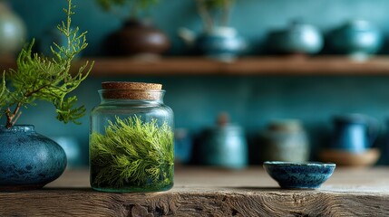 Poster - Arrangement of terrarium with moss, small vase and decorative bowls sits on rustic wooden shelf with teal background in natural light