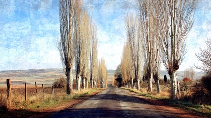 Poster - A tranquil scene of a rural road lined with trees, leading to a distant horizon, evoking a sense of peace and the beauty of nature in transportation.