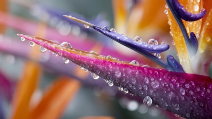 Poster - A vibrant close-up of a tropical flower with beads of water glistening on its petals, emphasizing its exotic beauty and the lush environment from which it grows.