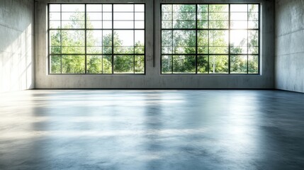 Poster - A modern industrial room filled with natural light filtering through large windows, showcasing a connection to nature and an inviting atmosphere for creativity.