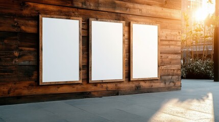 Poster - Three empty wooden frames hang on a rustic wall, illuminated by the warm glow of sunset, creating a perfect setting for adding personal artistic expressions or messages.