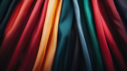 Poster - A captivating array of draped fabric showcasing deep, rich colors and textures, illustrating the beauty of textile artistry and evoking feelings of warmth and richness in design.