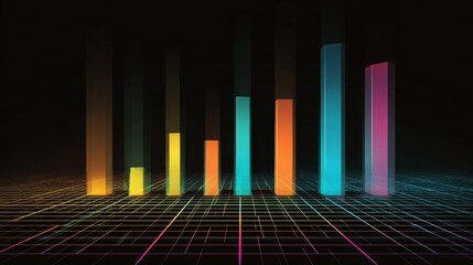 Leinwandbilder - Financial bar chart on a dark background with glowing gridlines, featuring colorful bars and a modern aesthetic