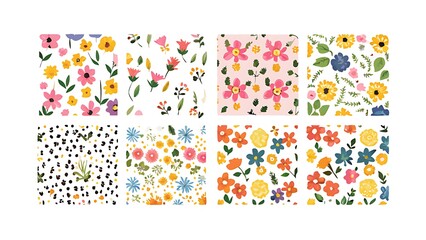 Poster - Collection of ten different floral patterns isolated on white background featuring various flowers and leaves