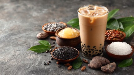 Poster - Iced milk tea with boba in a transparent cup, surrounded by ingredients like tea leaves and tapioca pearls, highlighting the drink's origins and flavors.