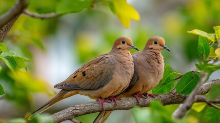 Leinwandbilder - Pair of doves perched closely on a tree branch, surrounded by green leaves, capturing a serene and romantic atmosphere in nature.
