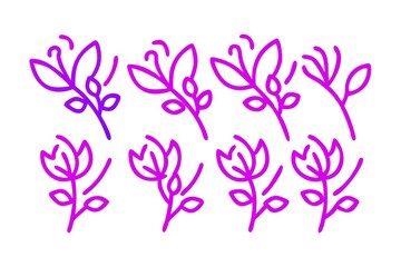 Poster - Set of gradient purple and blue flowers and leaves line art illustrations isolated on white background