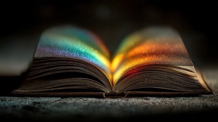 Poster - Old open book with magical light shining through the pages laying on a table creates colorful reflections