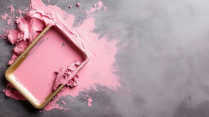 Poster - A vibrant splash of pink paint spread artistically on a smooth, gray surface, showcasing creativity and design, perfect for artistic and abstract projects or backgrounds.