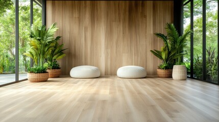 Poster - A serene interior design featuring soft cushions and lush greenery. Perfect for creating a calming atmosphere in modern homes or studios with natural light.