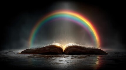 Aufkleber - Open magical book illuminates with rainbow colors and emits light from its pages on a dark background