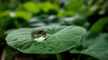 Wall Mural - Water droplet on a green leaf with softly blurred forest background
