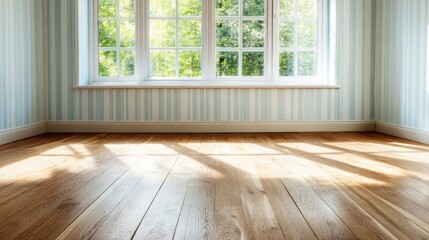 Poster - A beautifully lit room featuring large windows that allow natural light to fill the space, highlighting the warm wooden floor and the serene atmosphere.